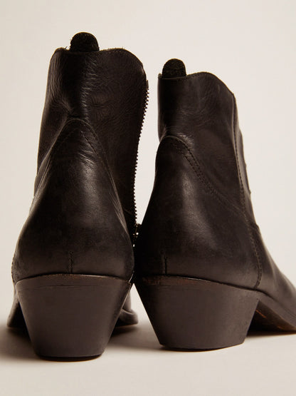 Young ankle boots in black leather with sand-colored embroidery - Golden Goose Women