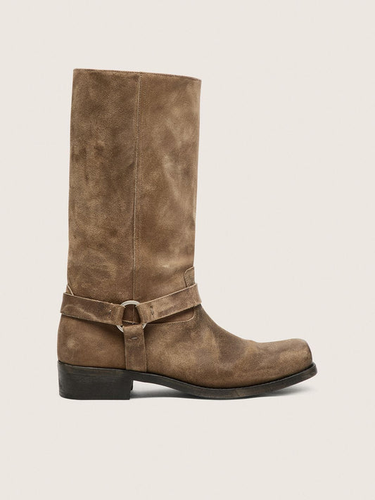 Women's high Biker boots in dark beige waxed suede with strap and a silver-colored buckle - Golden Goose Women