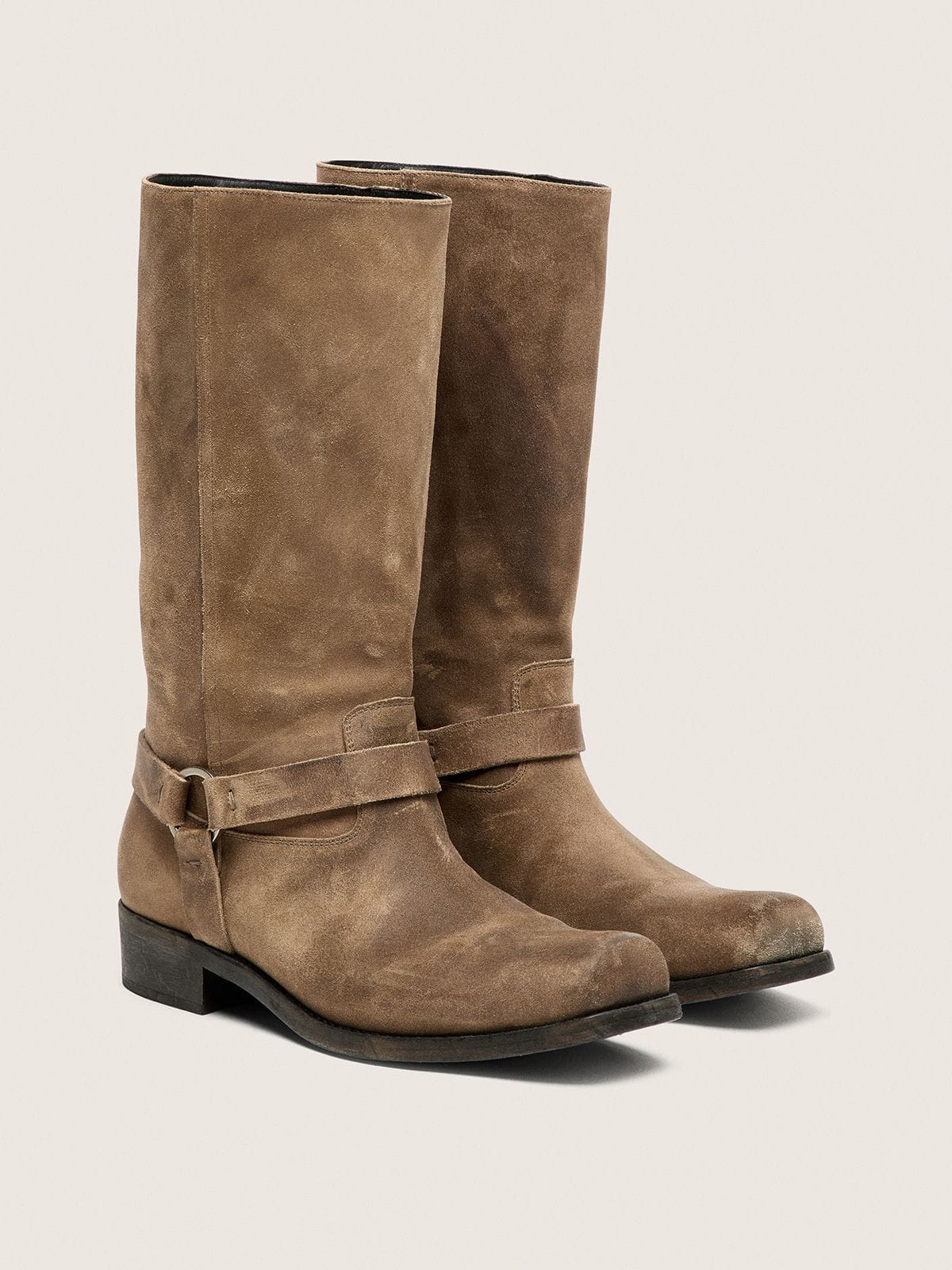 Women's high Biker boots in dark beige waxed suede with strap and a silver-colored buckle - Golden Goose Women