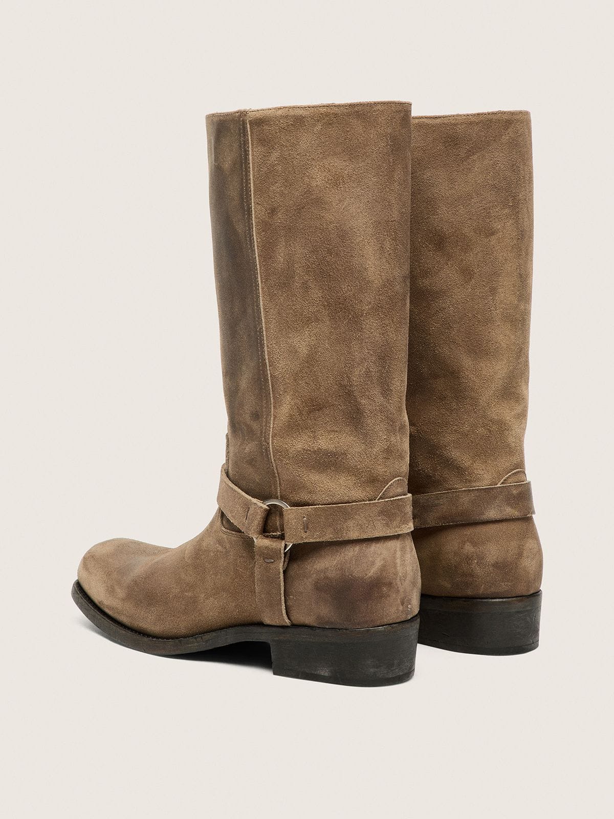 Women's high Biker boots in dark beige waxed suede with strap and a silver-colored buckle - Golden Goose Women