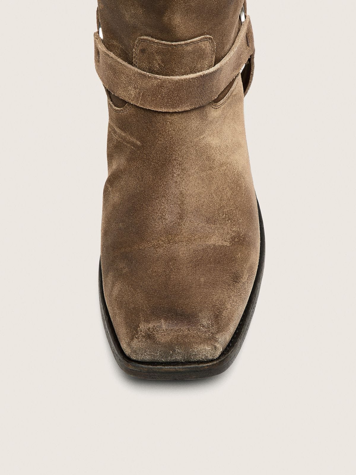 Women's high Biker boots in dark beige waxed suede with strap and a silver-colored buckle - Golden Goose Women