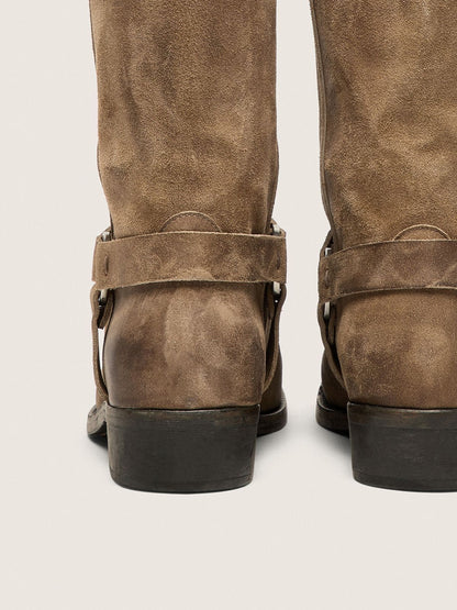 Women's high Biker boots in dark beige waxed suede with strap and a silver-colored buckle - Golden Goose Women