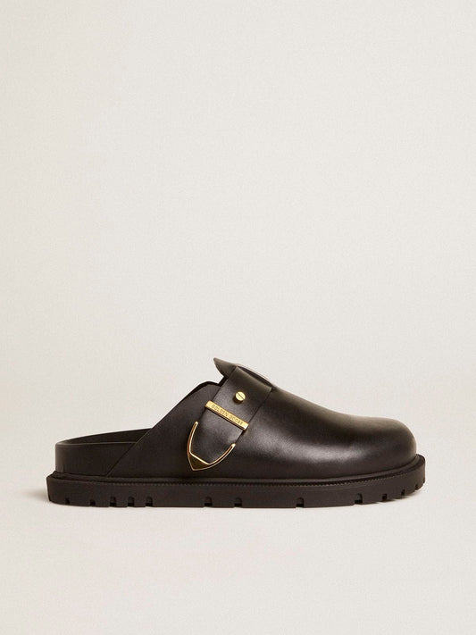 Women's Lucy Sabot in glossy black leather with gold metal buckle - Golden Goose Women