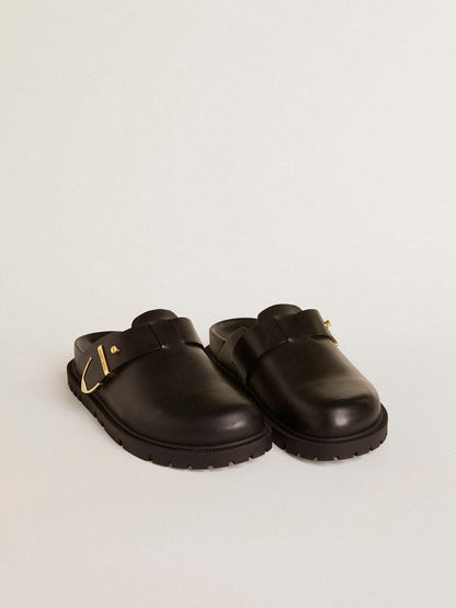 Women's Lucy Sabot in glossy black leather with gold metal buckle - Golden Goose Women