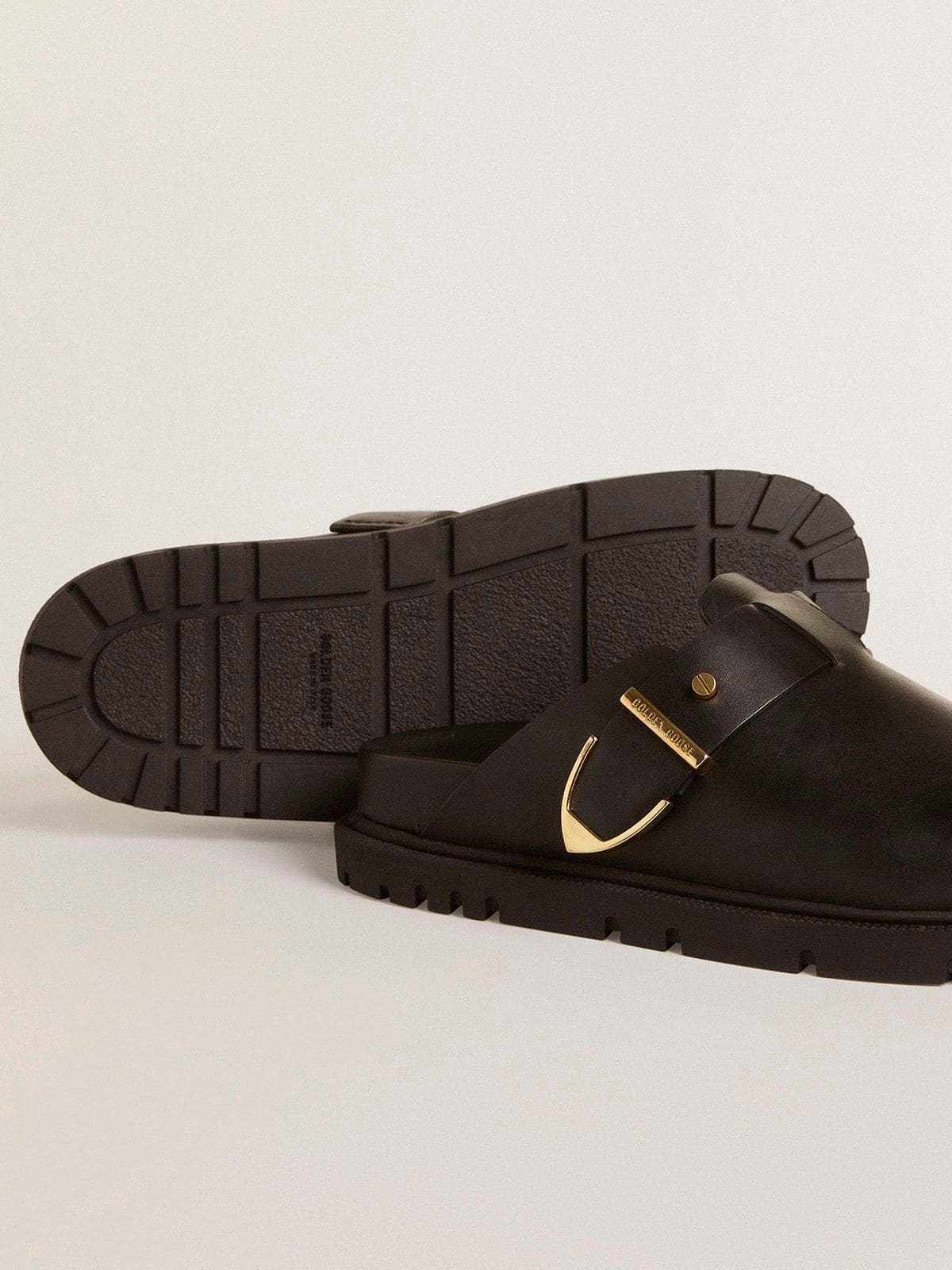 Women's Lucy Sabot in glossy black leather with gold metal buckle - Golden Goose Women