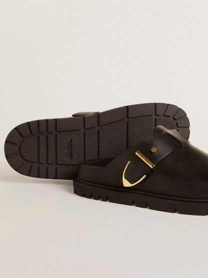 Women's Lucy Sabot in glossy black leather with gold metal buckle - Golden Goose Women