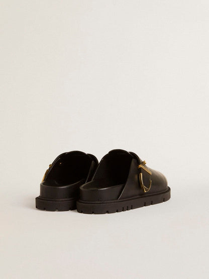 Women's Lucy Sabot in glossy black leather with gold metal buckle - Golden Goose Women