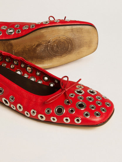 Amy ballet flats in red nappa leather with silver colored studs - Golden Goose Women
