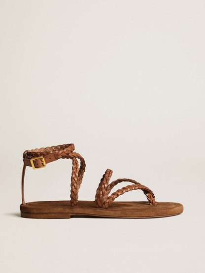 Women's Penelope flat sandals in tobacco leather with suede sole - Golden Goose Women