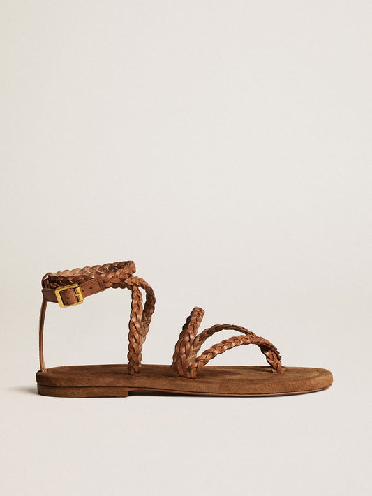 Women's Penelope flat sandals in tobacco leather with suede sole - Golden Goose Women