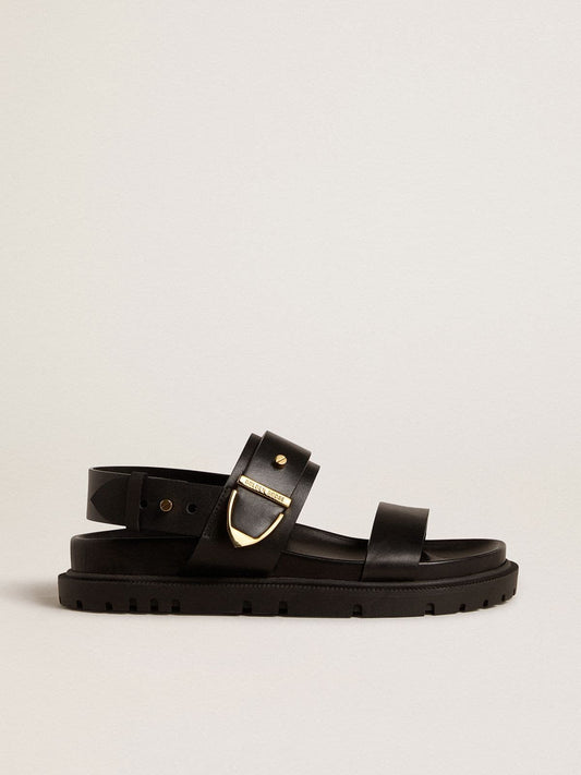Women's Lucy sandal in glossy black leather with gold metal buckle - Golden Goose Women