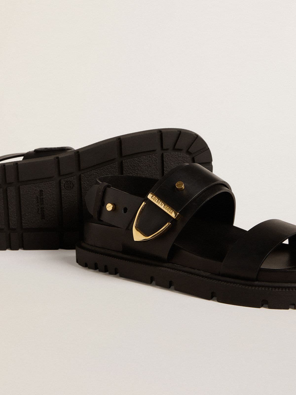 Women's Lucy sandal in glossy black leather with gold metal buckle - Golden Goose Women