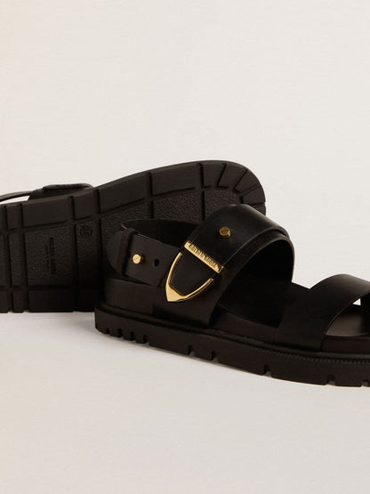 Women's Lucy sandal in glossy black leather with gold metal buckle - Golden Goose Women