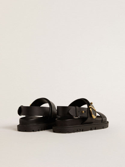 Women's Lucy sandal in glossy black leather with gold metal buckle - Golden Goose Women