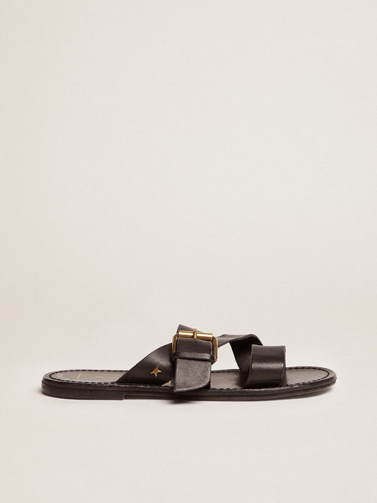 Black leather flat sandals with buckle Margaret | Golden Goose - Golden Goose Women
