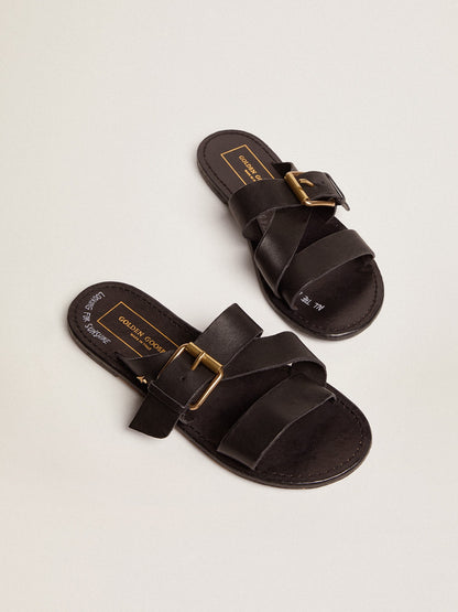 Black leather flat sandals with buckle Margaret | Golden Goose - Golden Goose Women