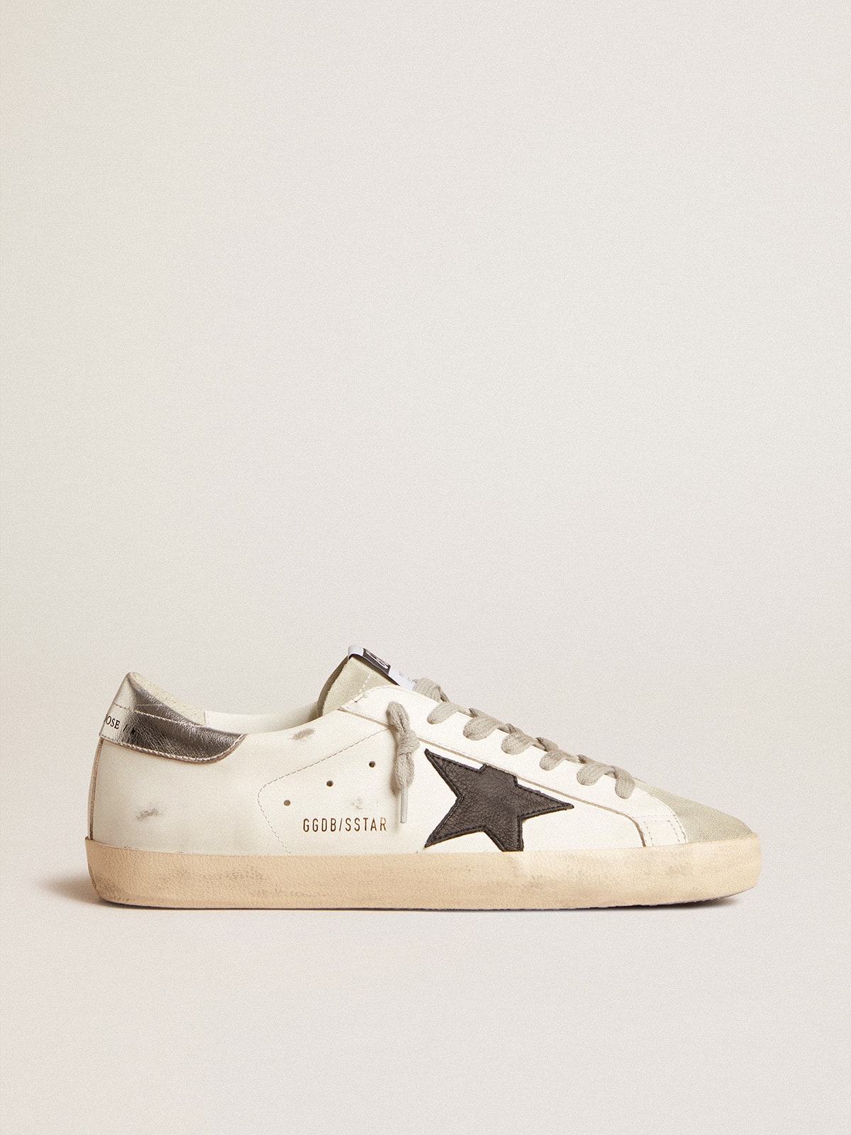 Men's Super-Star in white leather with black nubuck star and silver metallic leather heel tab - Golden Goose Men