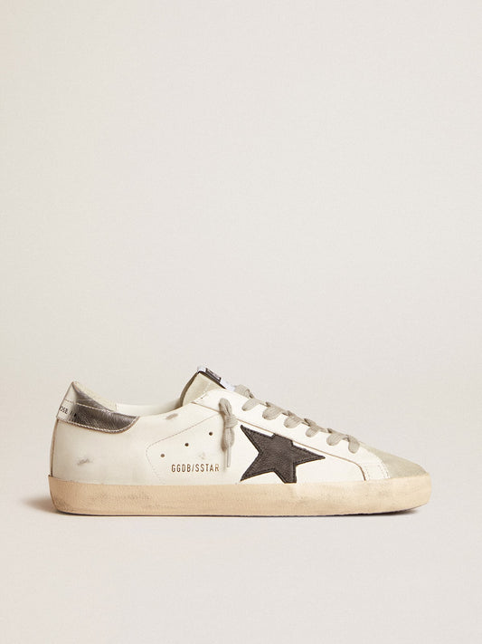Men's Super-Star in white leather with black nubuck star and silver metallic leather heel tab - Golden Goose Men