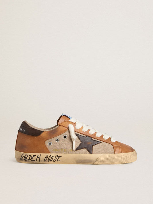 Men's Super-Star LTD in beige wool with brown leather star and camel inserts - Golden Goose Men