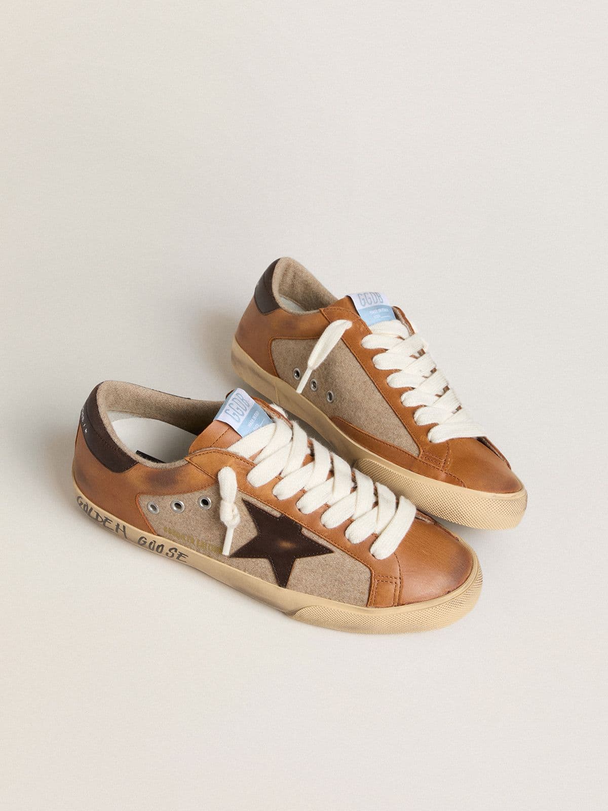 Men's Super-Star LTD in beige wool with brown leather star and camel inserts - Golden Goose Men