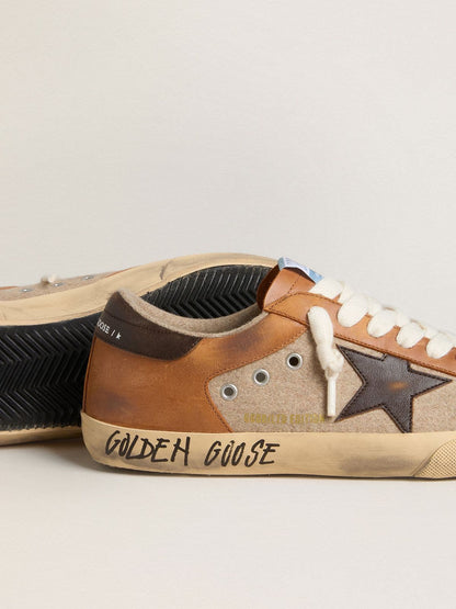 Men's Super-Star LTD in beige wool with brown leather star and camel inserts - Golden Goose Men