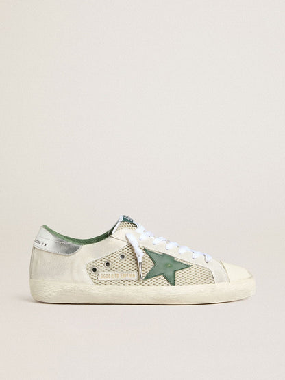 Men’s Super-Star LTD in white suede and mesh with green leather star and silver heel tab - Golden Goose Men