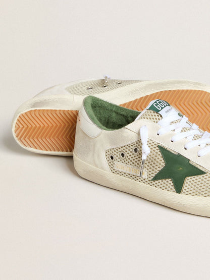 Men’s Super-Star LTD in white suede and mesh with green leather star and silver heel tab - Golden Goose Men