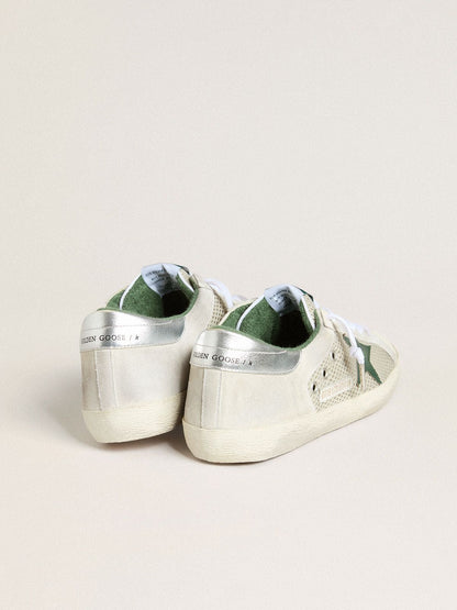 Men’s Super-Star LTD in white suede and mesh with green leather star and silver heel tab - Golden Goose Men