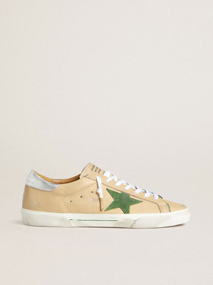 Super-Star LTD in beige leather with green suede star and silver foiled leather heel tab - Golden Goose Men