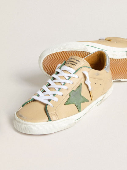 Super-Star LTD in beige leather with green suede star and silver foiled leather heel tab - Golden Goose Men