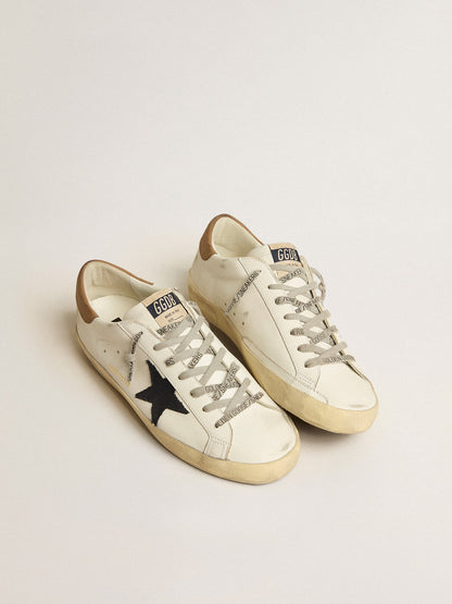 Men's Super-Star in white leather with midnight-blue canvas star and tobacco leather heel tab - Golden Goose Men