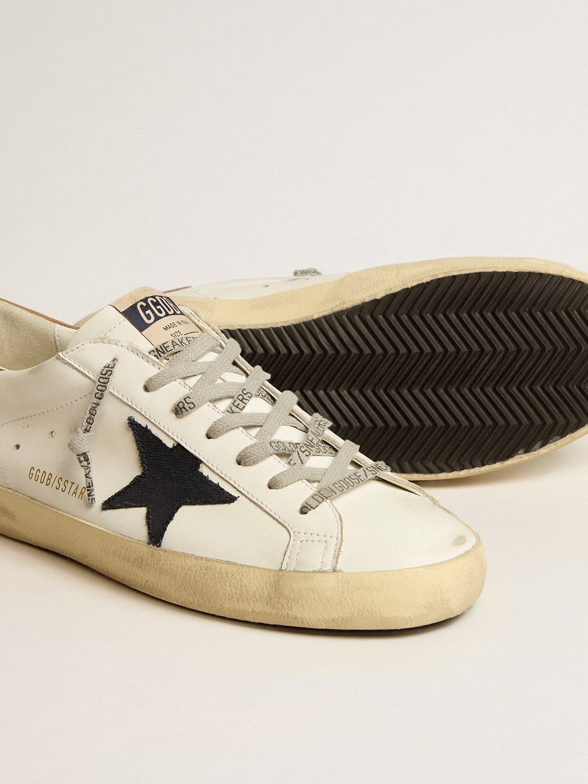 Men's Super-Star in white leather with midnight-blue canvas star and tobacco leather heel tab - Golden Goose Men