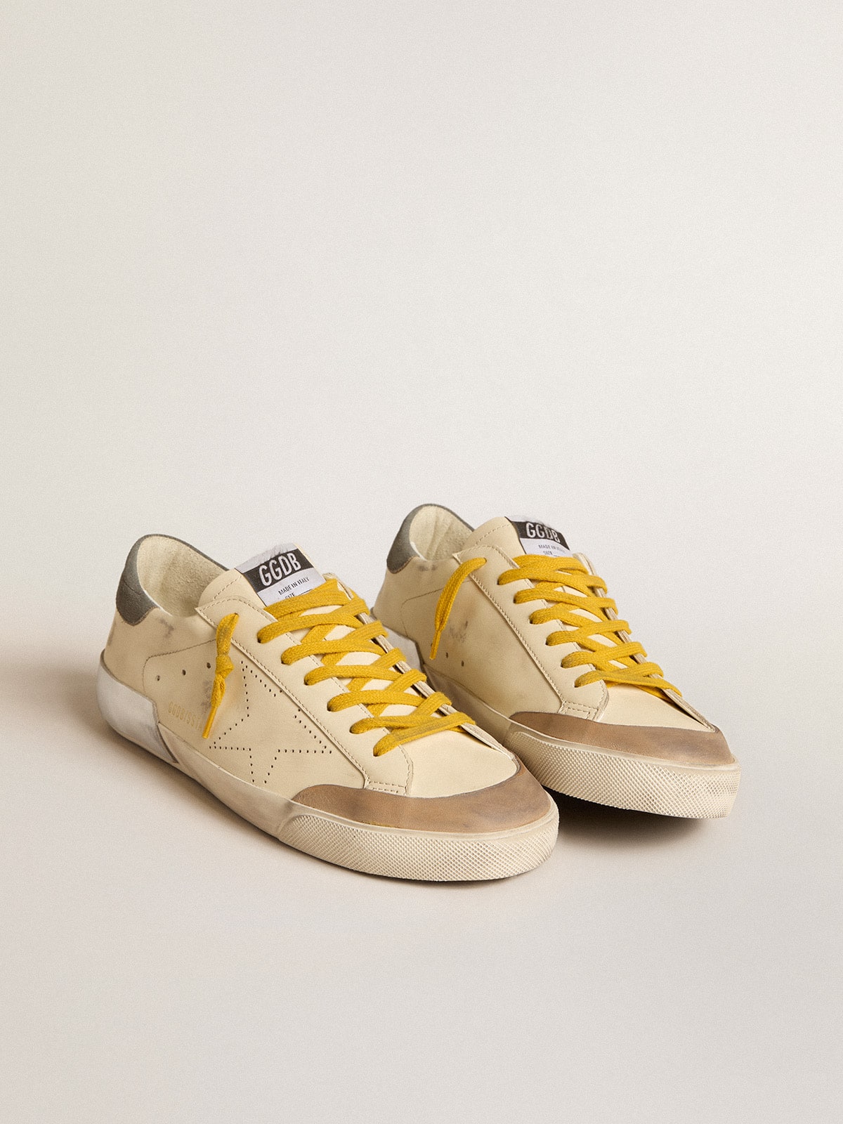 Men's Super-Star in leather with perforated star and gray suede heel tab - Golden Goose Men