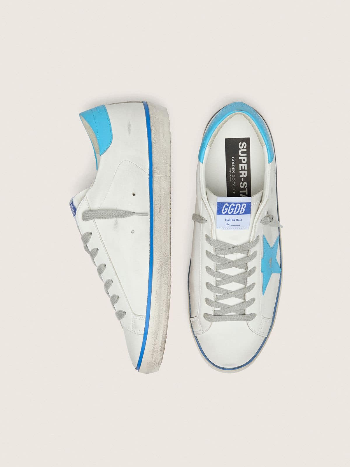 Men's Super-Star LTD in white leather with light blue leather star and heel tab - Golden Goose Men