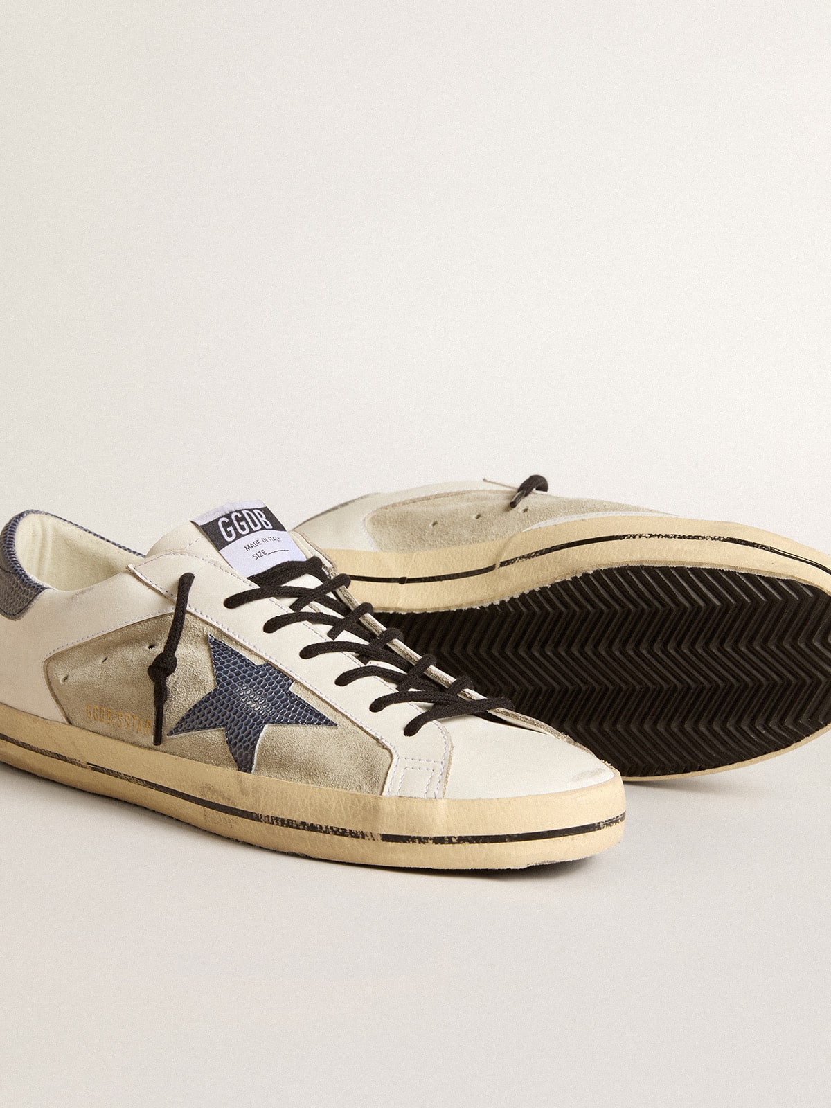 Men's Super-Star in leather and suede with blue lizard-print leather star - Golden Goose Men