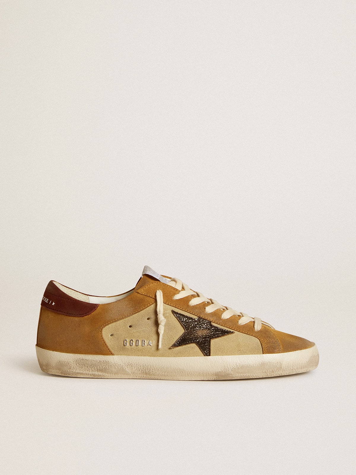 Men’s Super-Star in beige and caramel suede with black crackle leather star - Golden Goose Men
