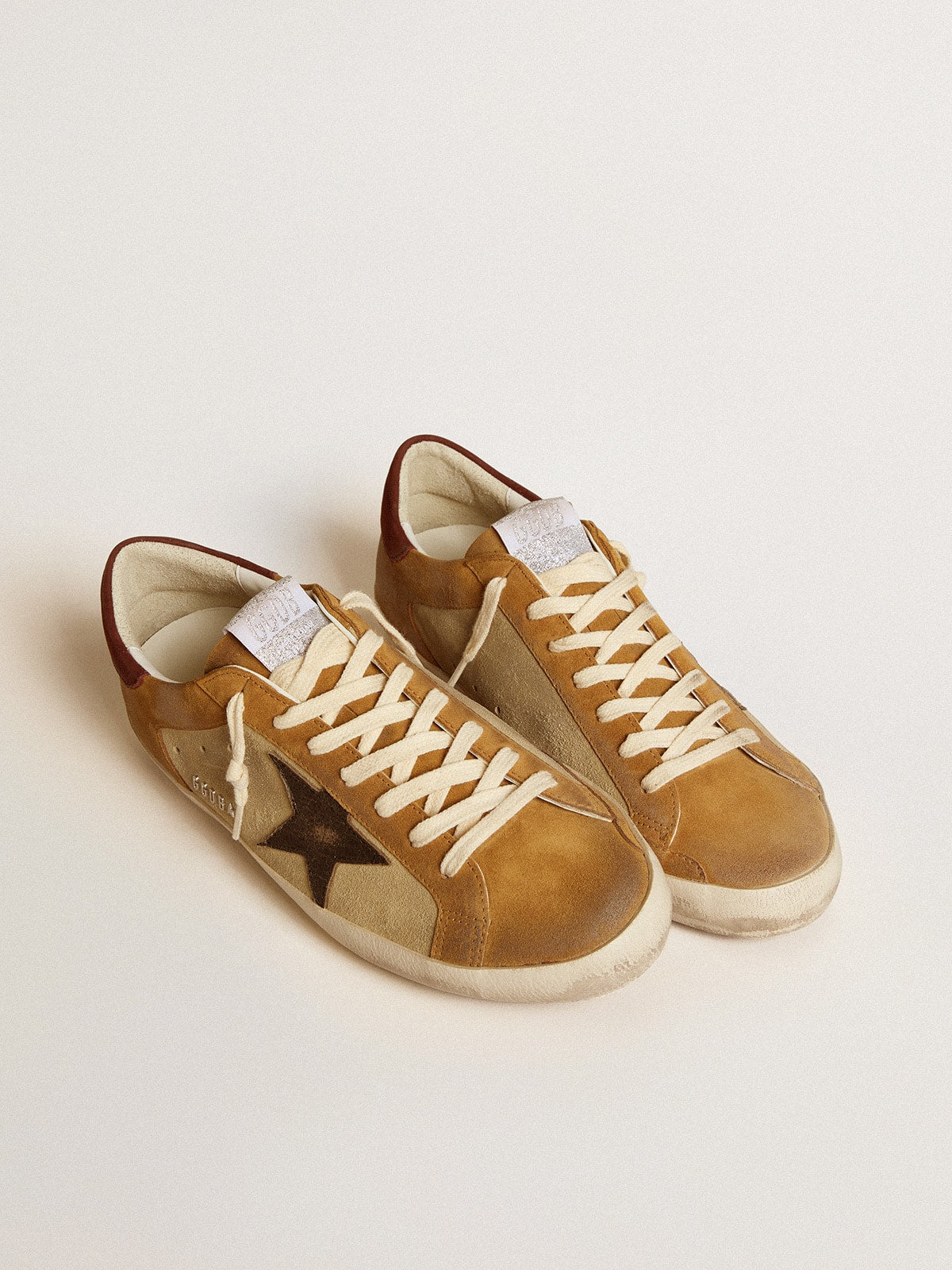 Men’s Super-Star in beige and caramel suede with black crackle leather star - Golden Goose Men