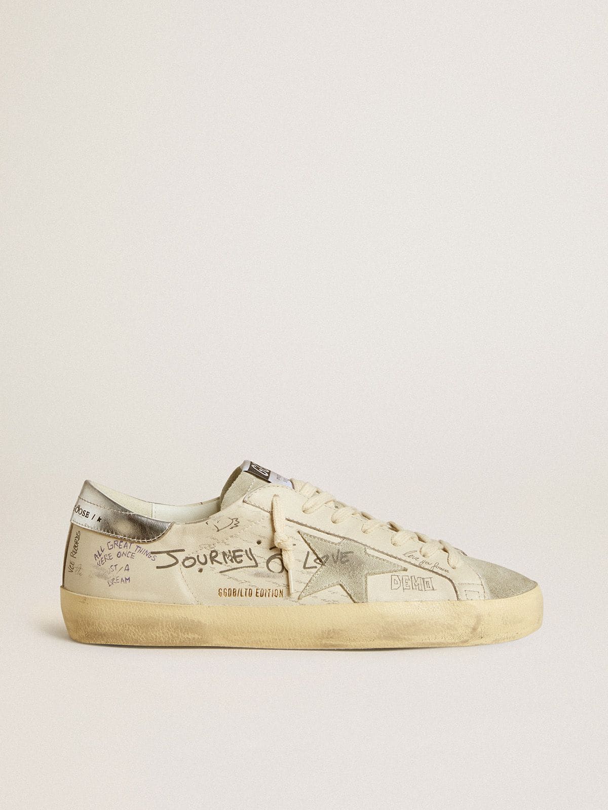 Men's Super-Star  in white leather with all-over lettering and ice-gray suede star - Golden Goose Men