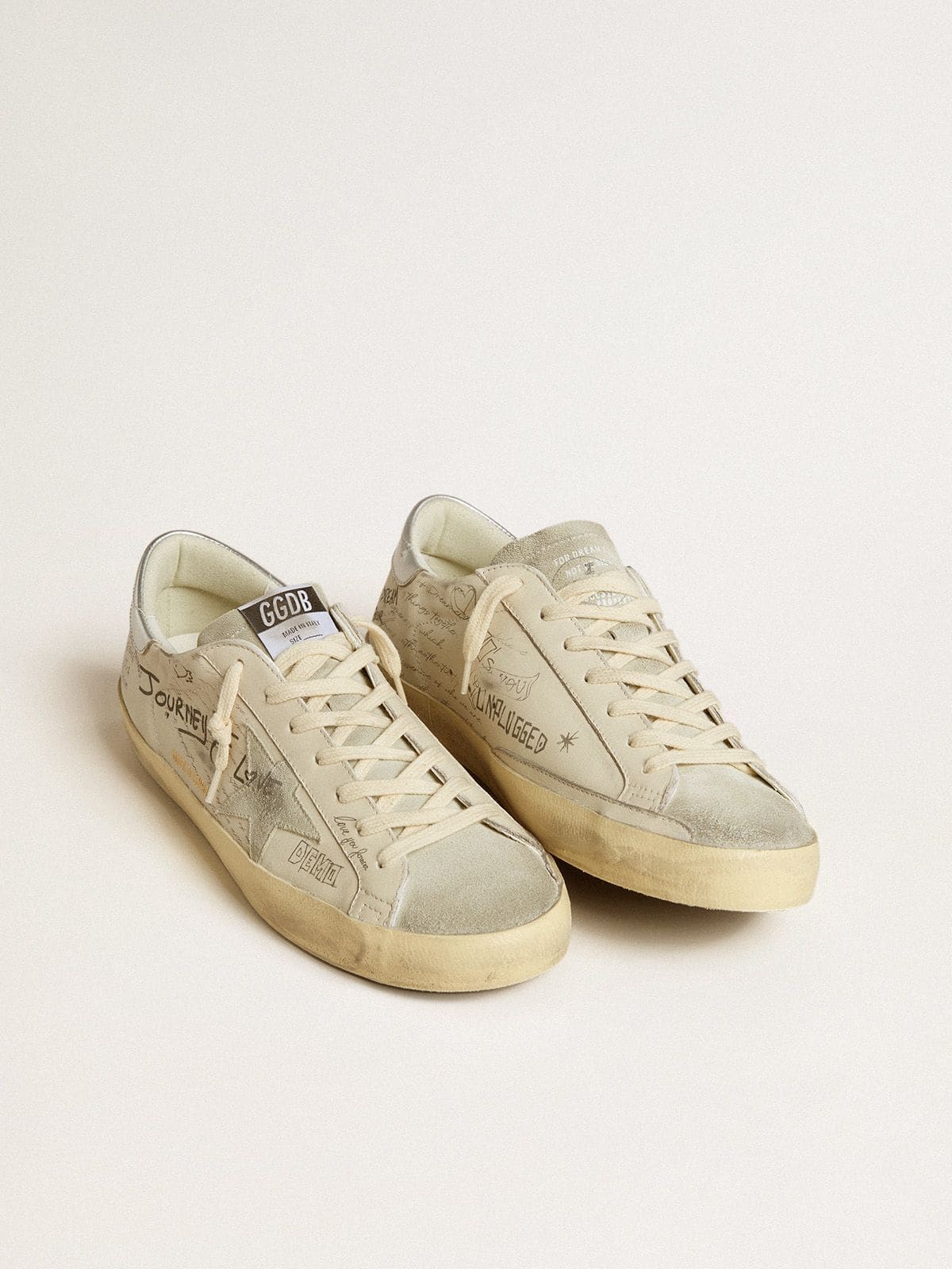 Men's Super-Star  in white leather with all-over lettering and ice-gray suede star - Golden Goose Men