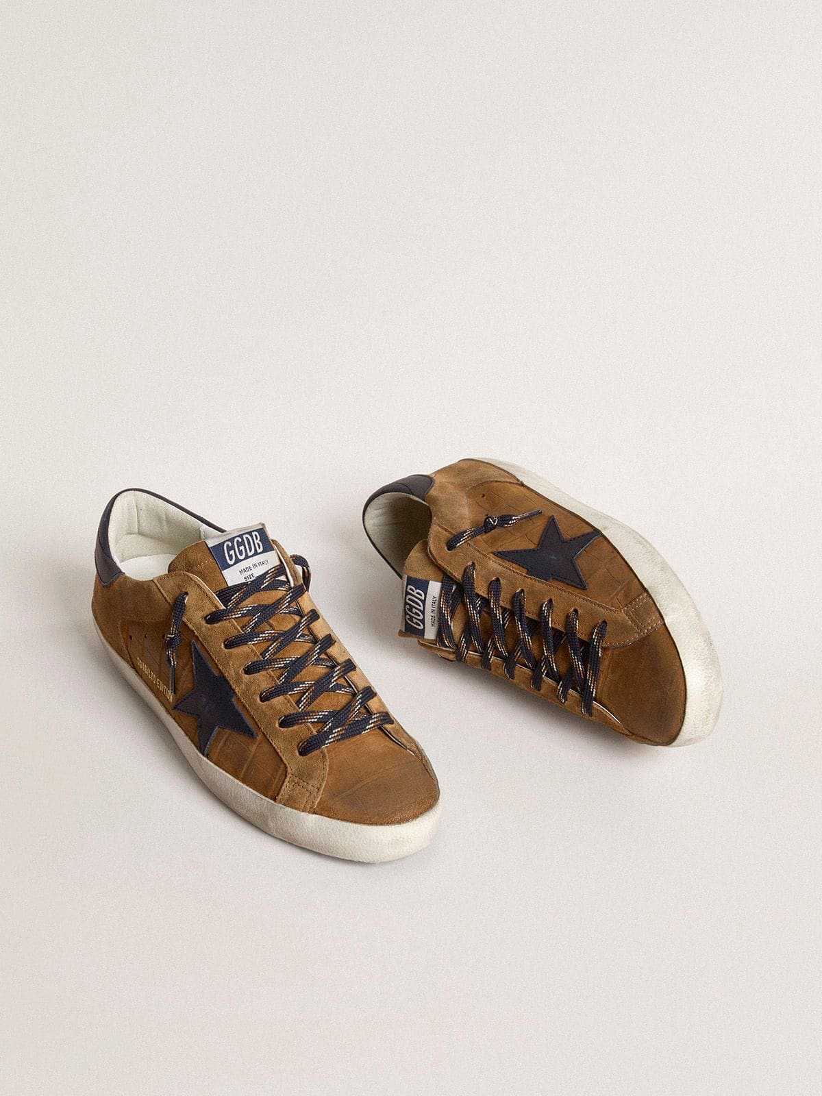 Men's Super-Star LTD in tobacco-colored croc-print leather with midnight blue leather star and heel tab - Golden Goose Men