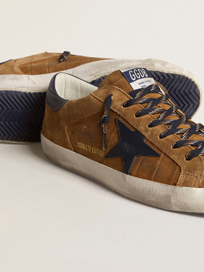 Men's Super-Star LTD in tobacco-colored croc-print leather with midnight blue leather star and heel tab - Golden Goose Men