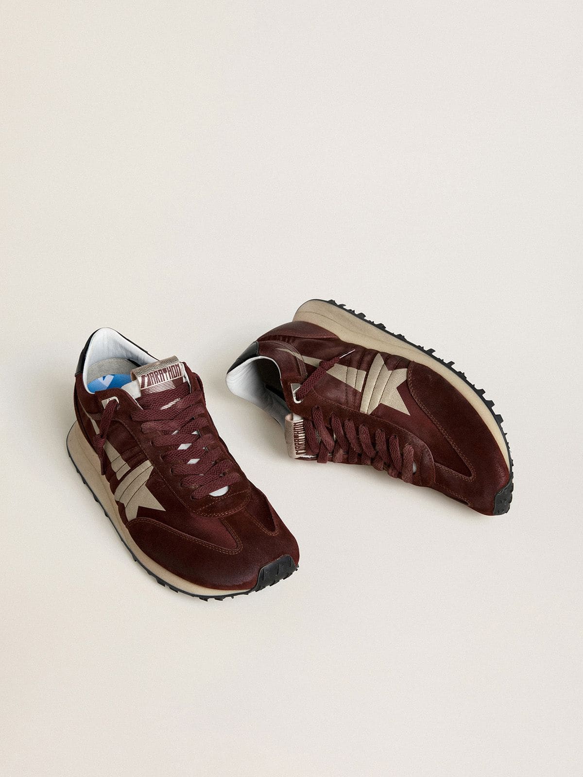 Men's Marathon with burgundy satin upper and platinum leather star - Golden Goose Men