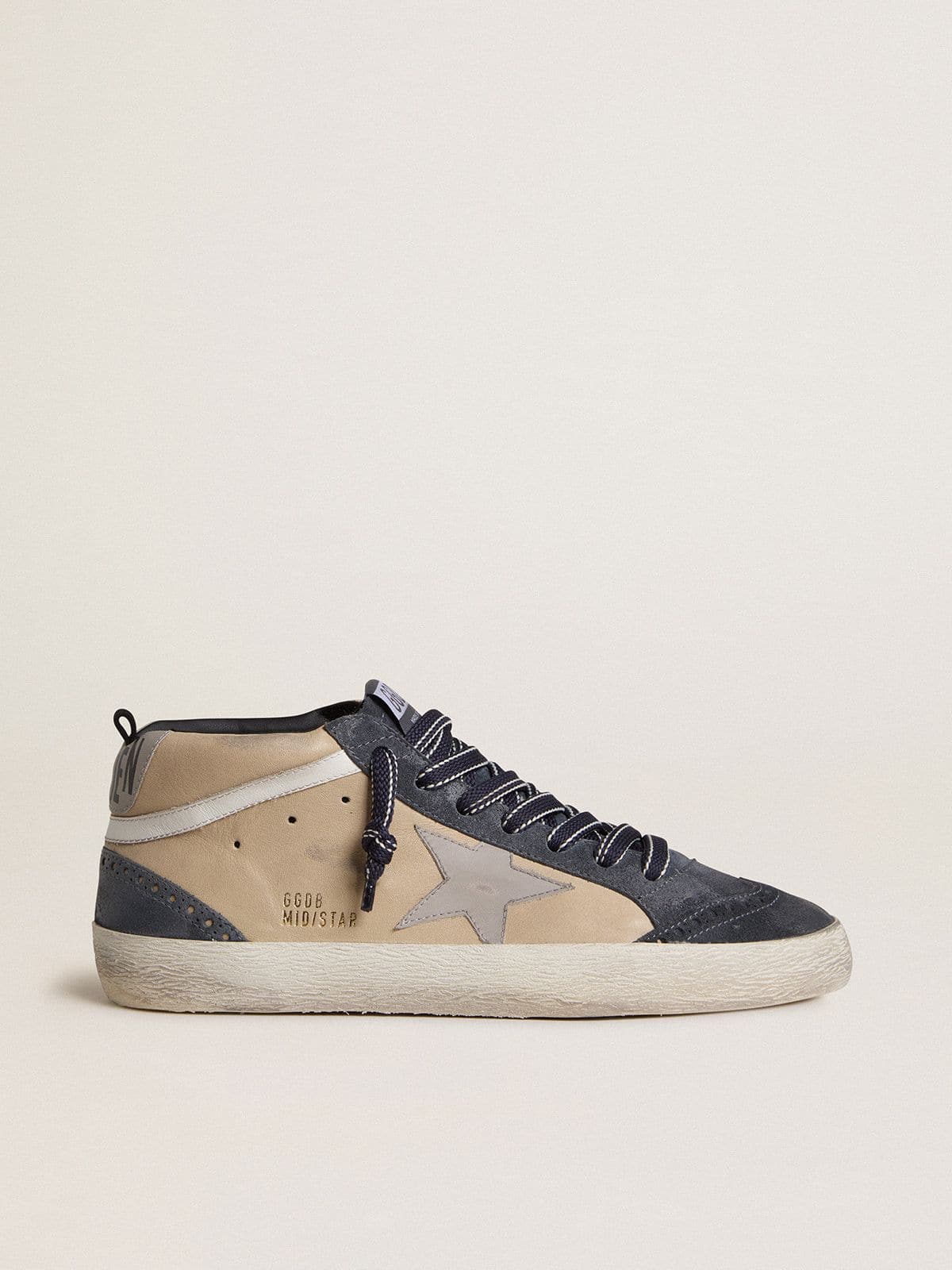 Men's Mid Star in beige and blue suede with gray nappa leather star and white leather flash - Golden Goose Men
