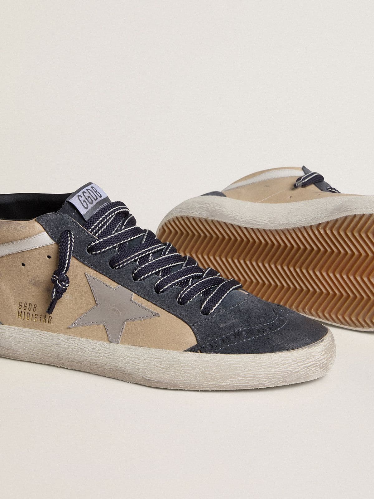 Men's Mid Star in beige and blue suede with gray nappa leather star and white leather flash - Golden Goose Men