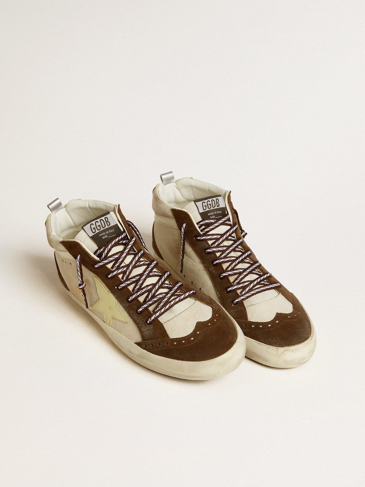 Men's Mid Star in beige glitter with yellow suede star and cotton flash - Golden Goose Men