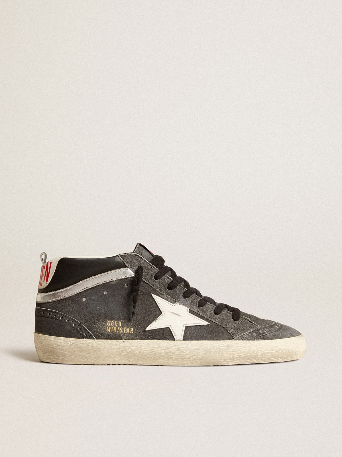 Mid Star in black suede with white leather star and silver flash - Golden Goose Men