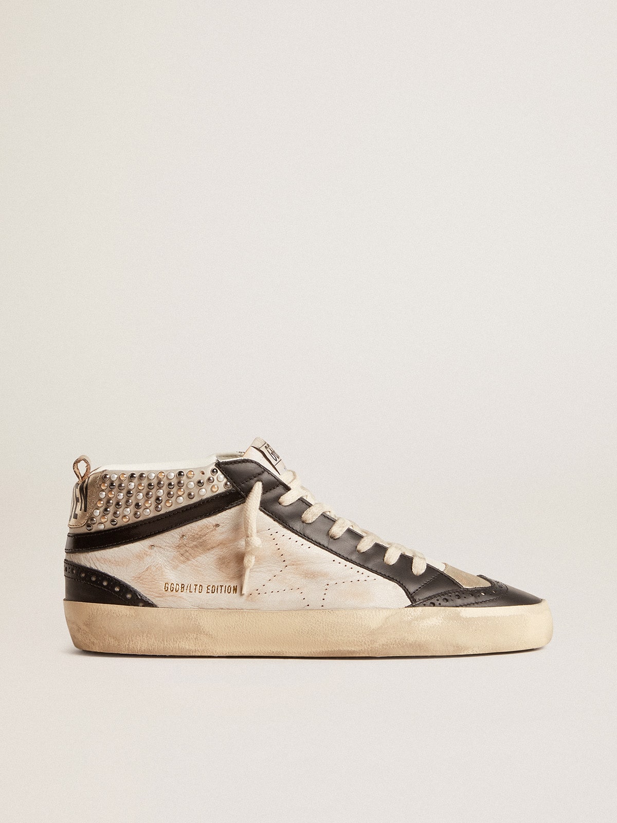Men’s Mid Star LTD in black and white leather with pearls and perforated star - Golden Goose Men