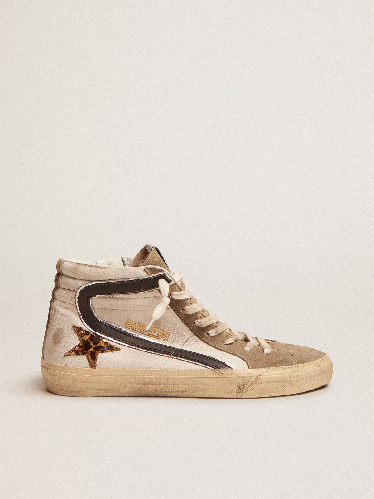 Men's Slide with leopard print pony skin star and black flash - Golden Goose Men