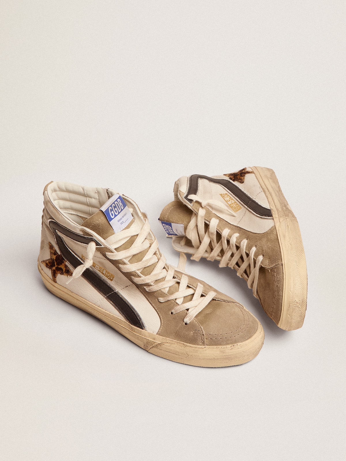 Men's Slide with leopard print pony skin star and black flash - Golden Goose Men