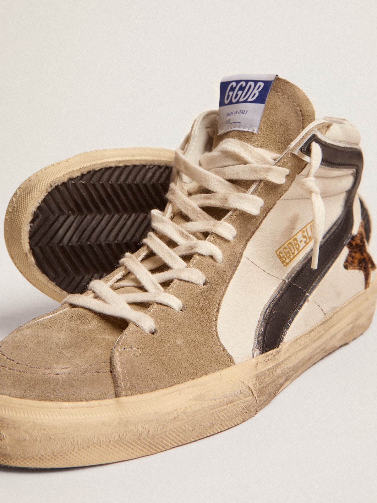 Men's Slide with leopard print pony skin star and black flash - Golden Goose Men